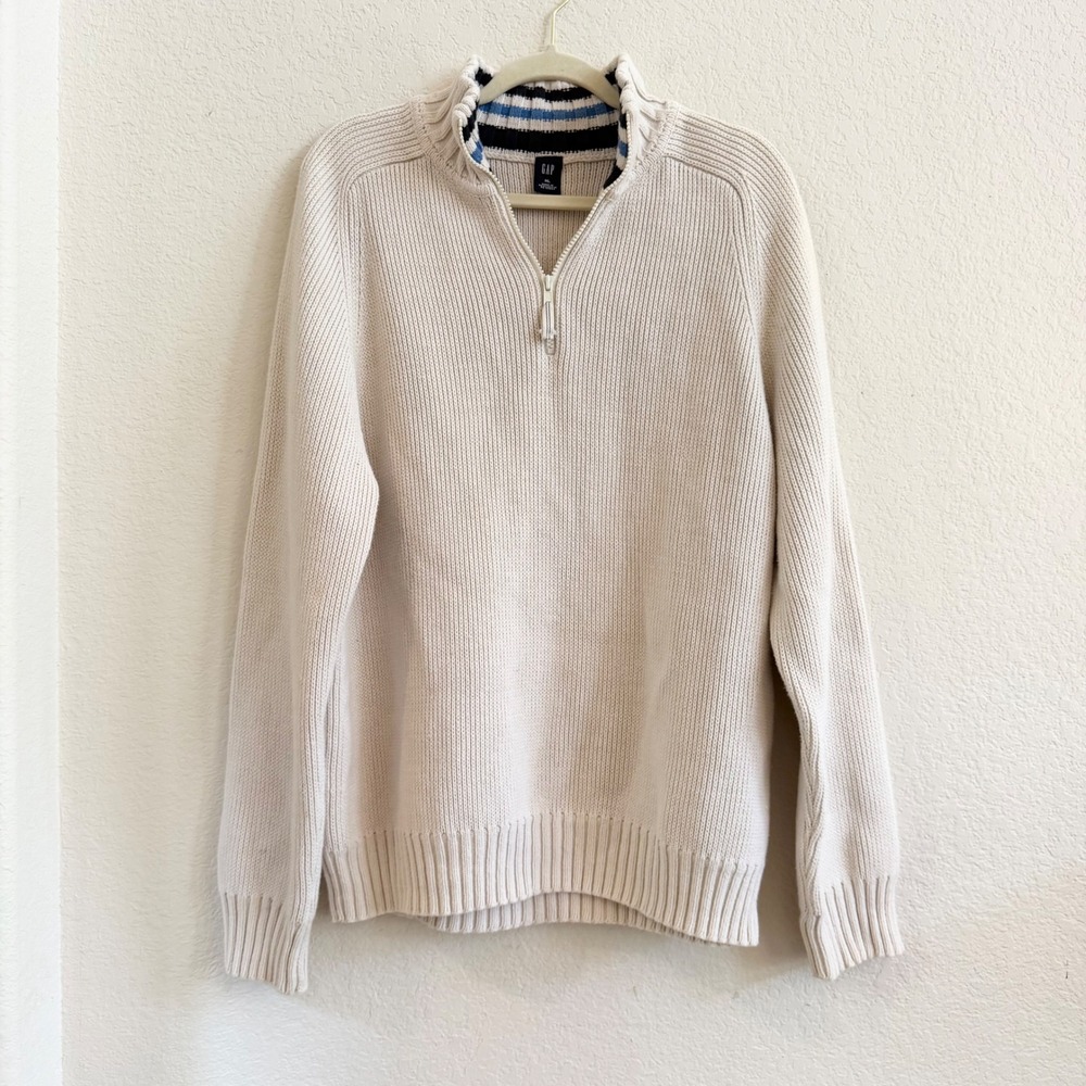Gap Mens‎ XL Cream Shaker Knit Quarter Zip Sweater Cotton Blend Mock Neck Ribbed